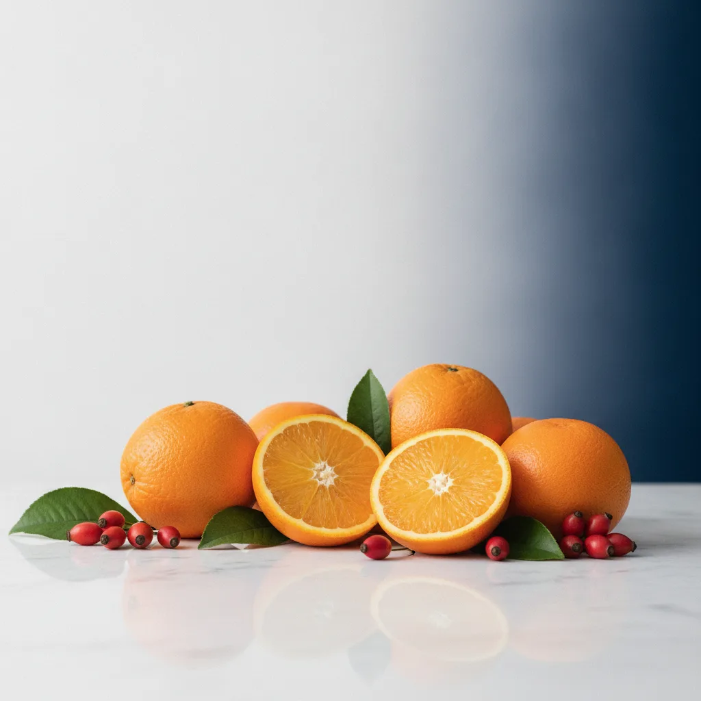 Tuoreita appelsiineja ja ruusunmarjoja valkoisella kivipinnalla